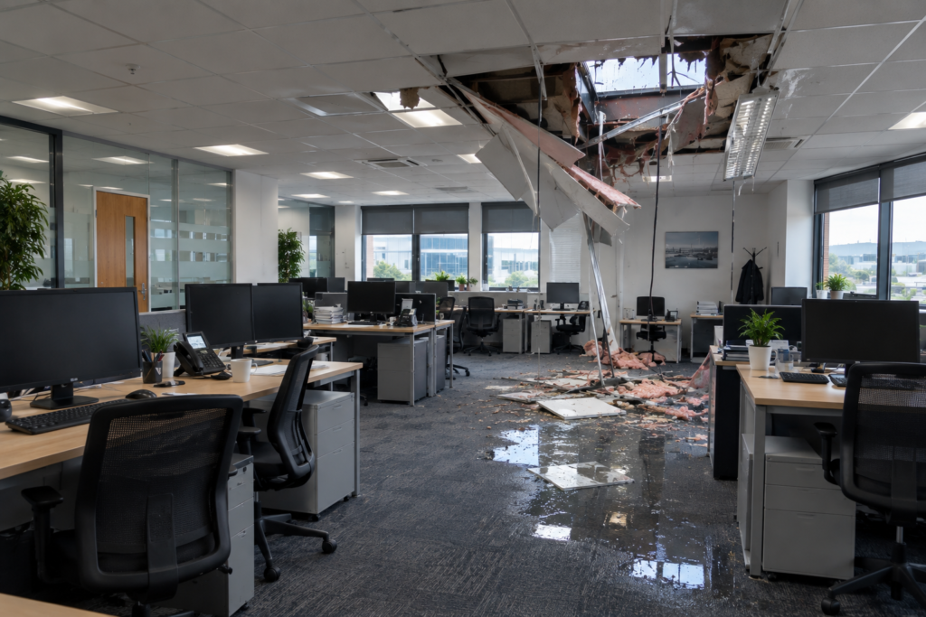Storm damage office - the roof collapsed with some water on the floor.